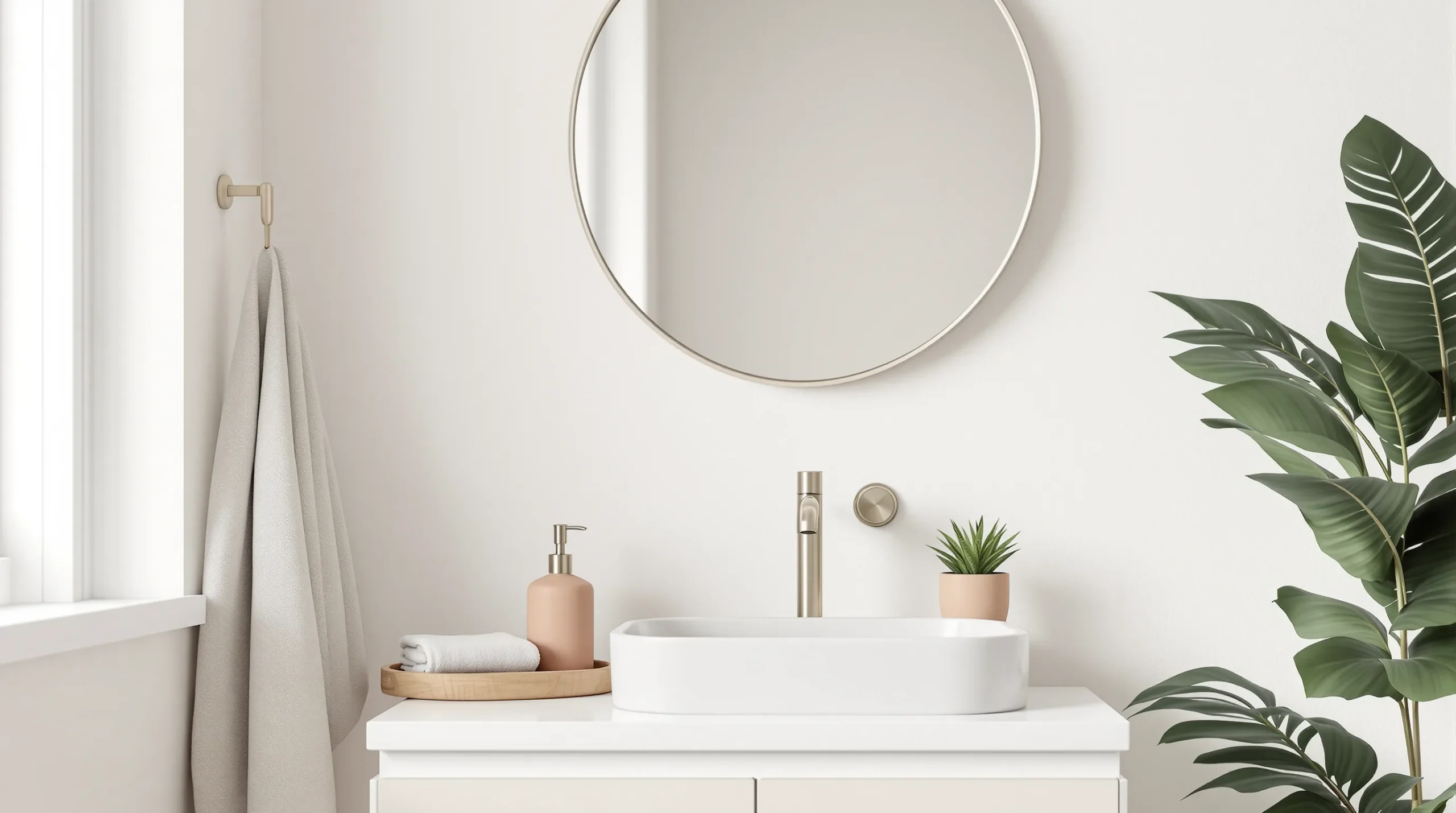Warm minimalist Japandi small bathroom with a light-oak over-toilet shelf and rolled cream towels.