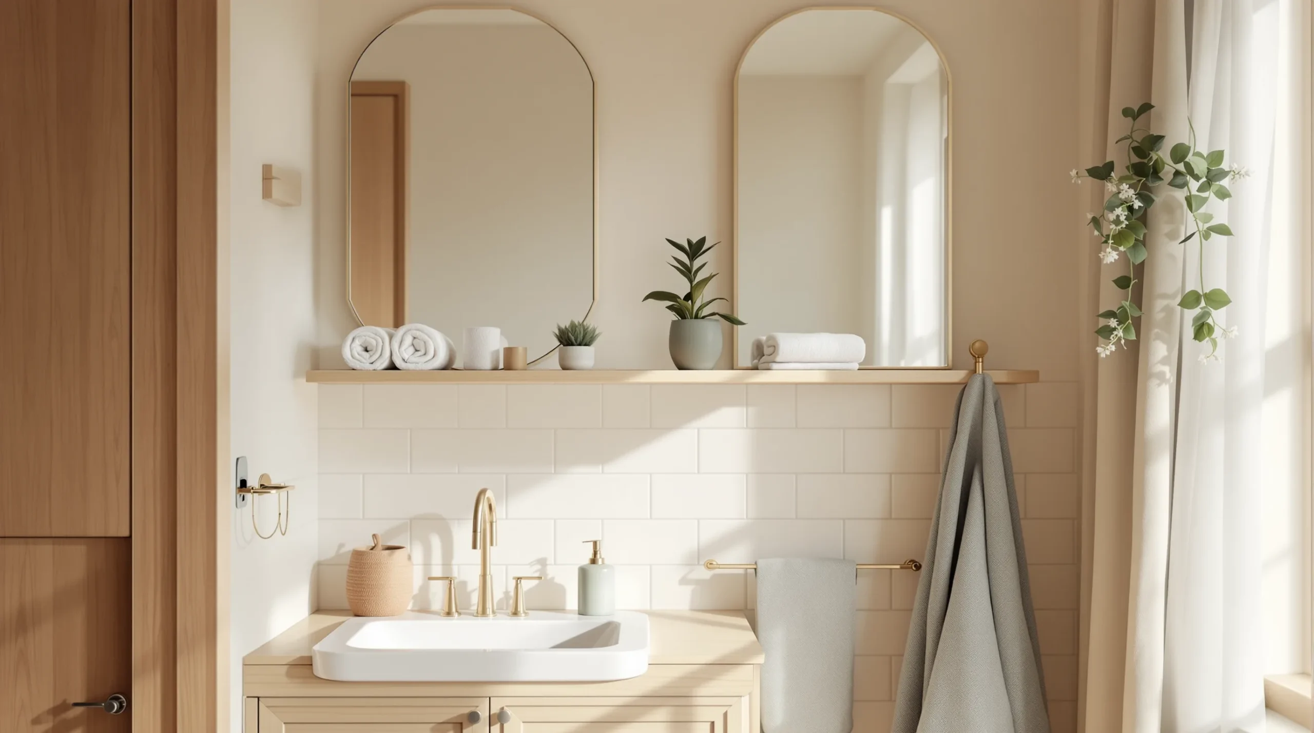 Brushed-brass over-toilet shelf and adhesive storage holding rolled towels in a small bathroom, no drilling.