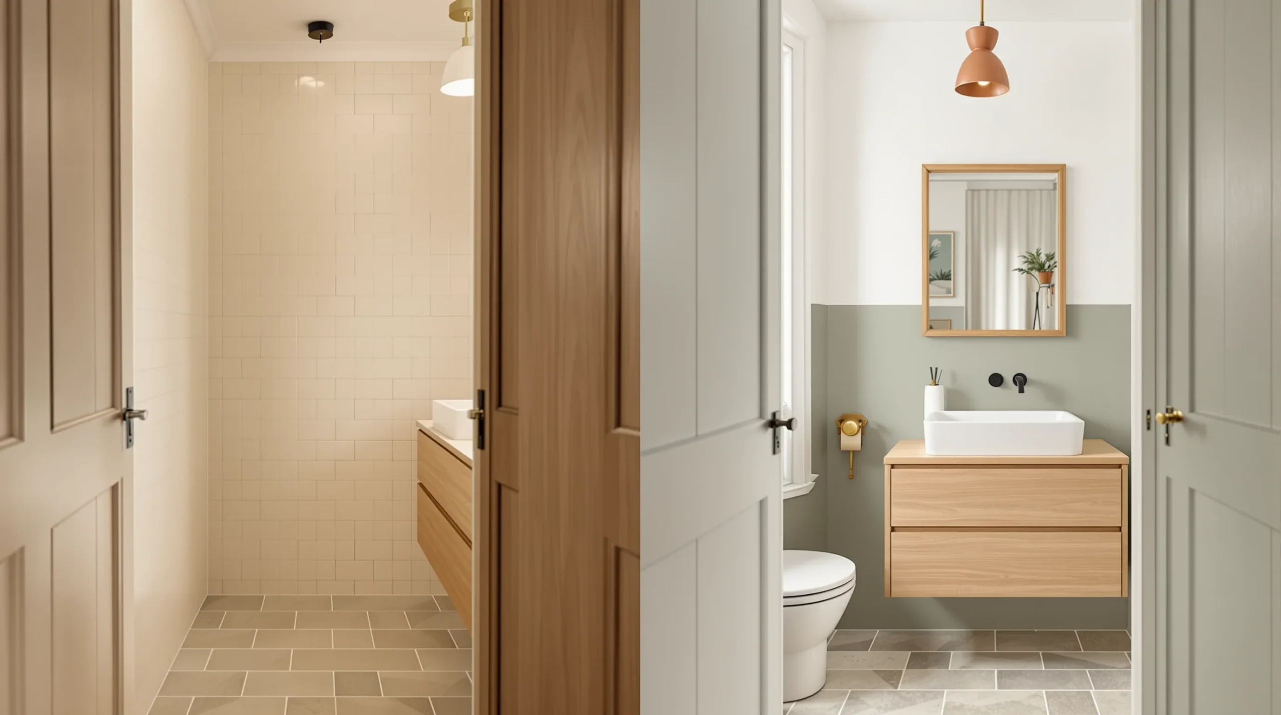 Before-and-after of a rental bathroom updated with peel-and-stick stone-look floor and a sage accent wall.