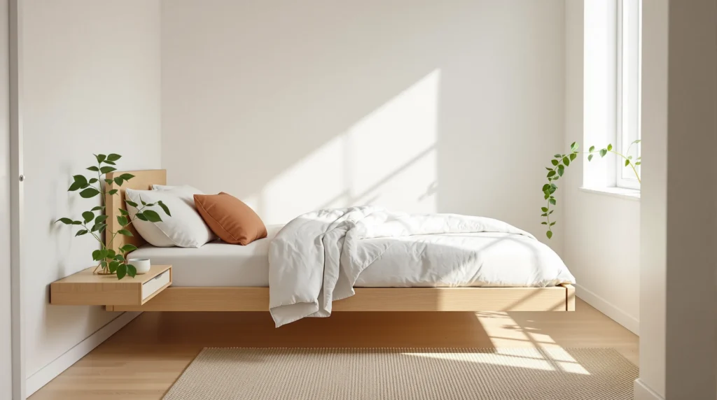 Warm minimalist Japandi small bedroom with a low light-oak bed and cream bedding.