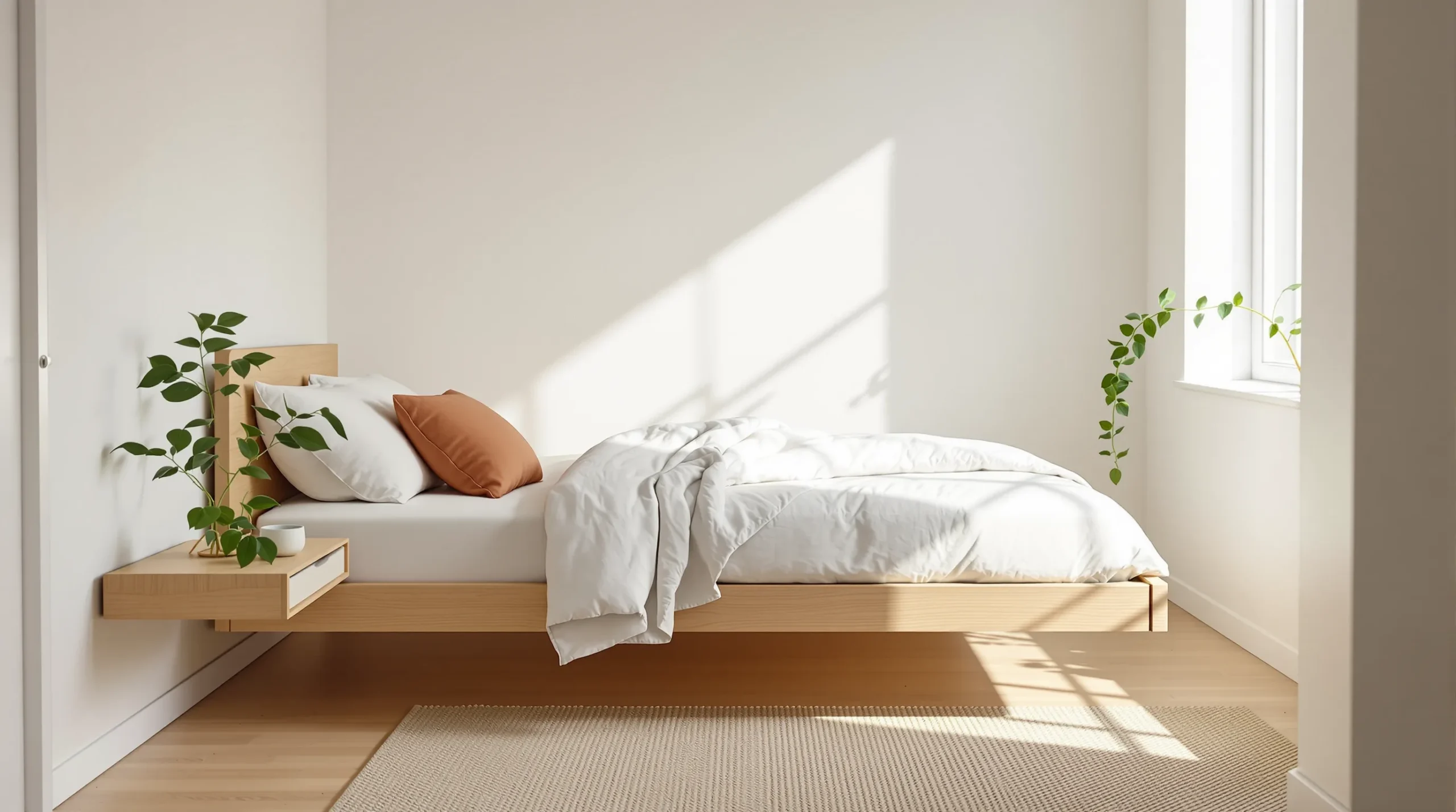 Warm minimalist Japandi small bedroom with a low light-oak bed and cream bedding.