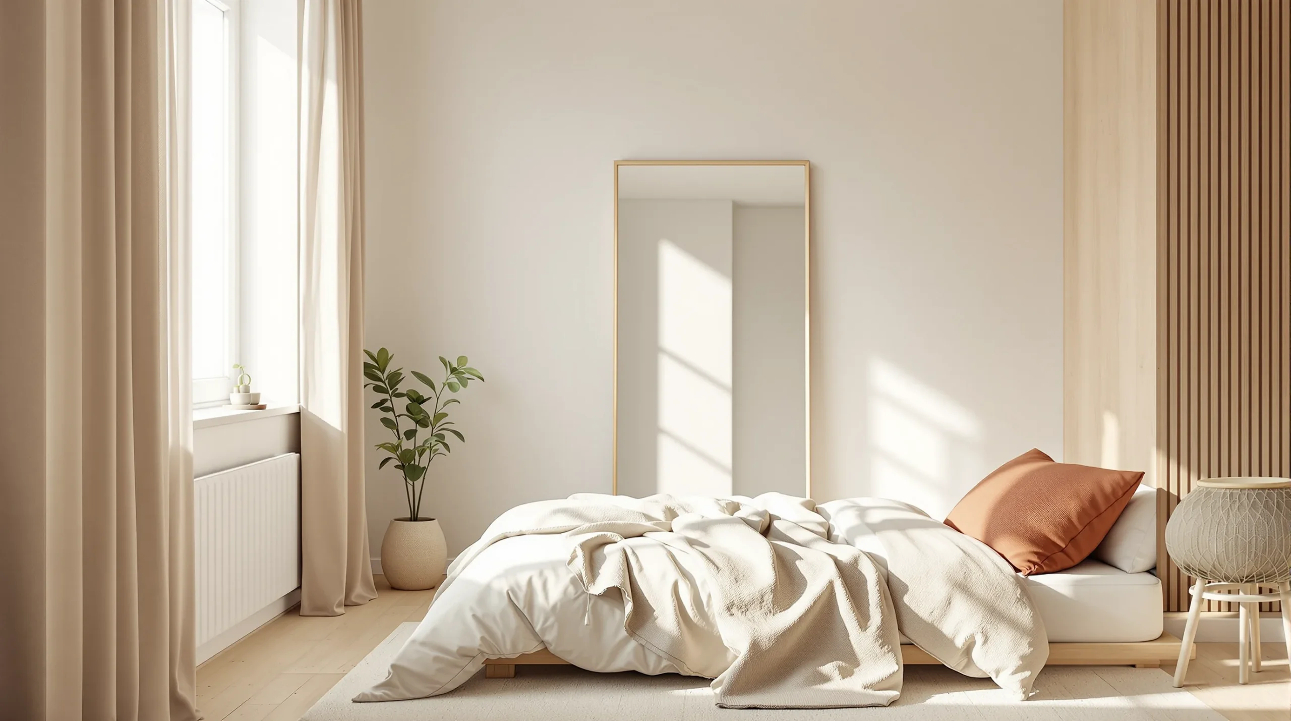 Full-length mirror leaning opposite a window to make a small bedroom feel brighter and larger.