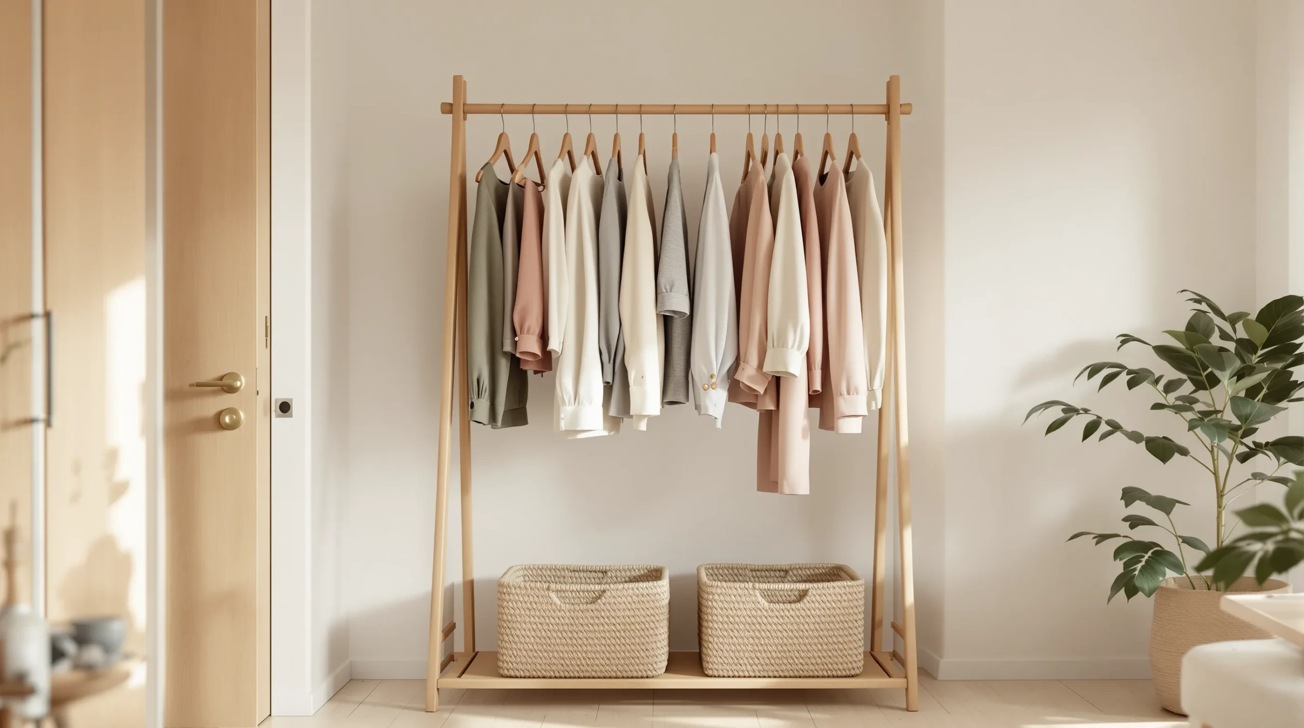 Freestanding garment rack styled as an open closet with a neutral capsule wardrobe and woven baskets.