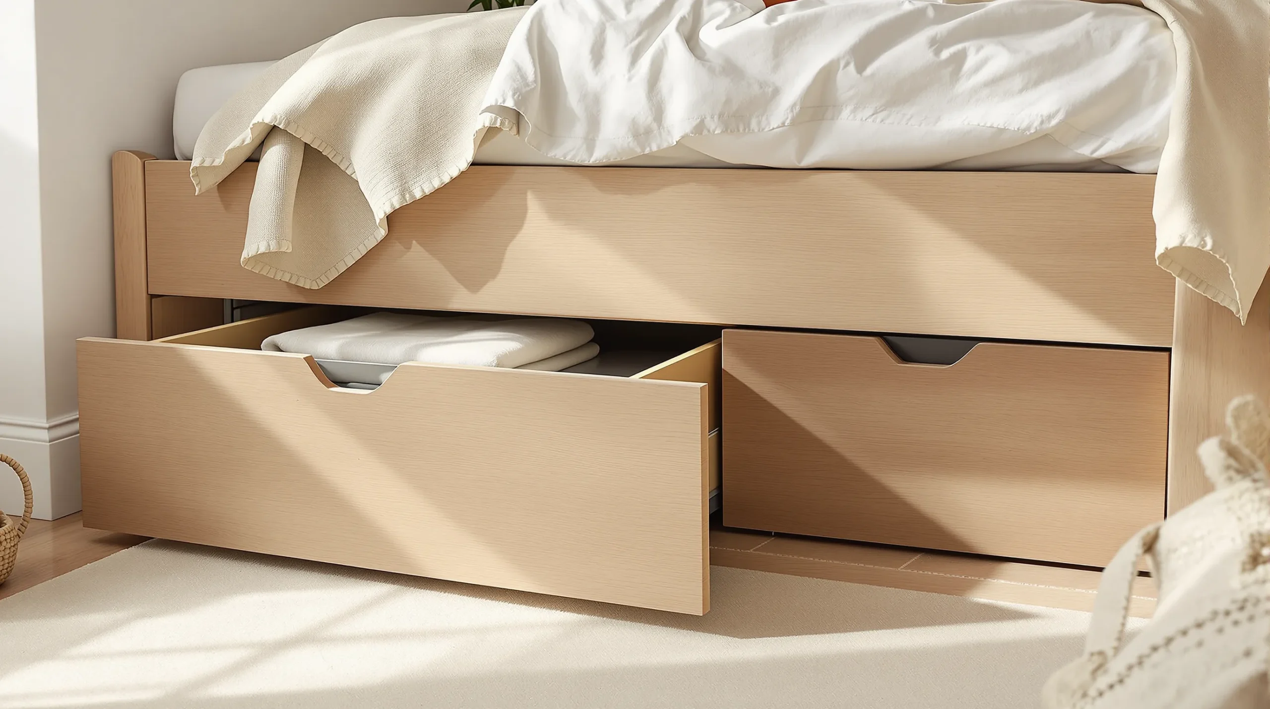 Low oak bed with a pull-out under-bed storage drawer holding folded linens in a small bedroom.
