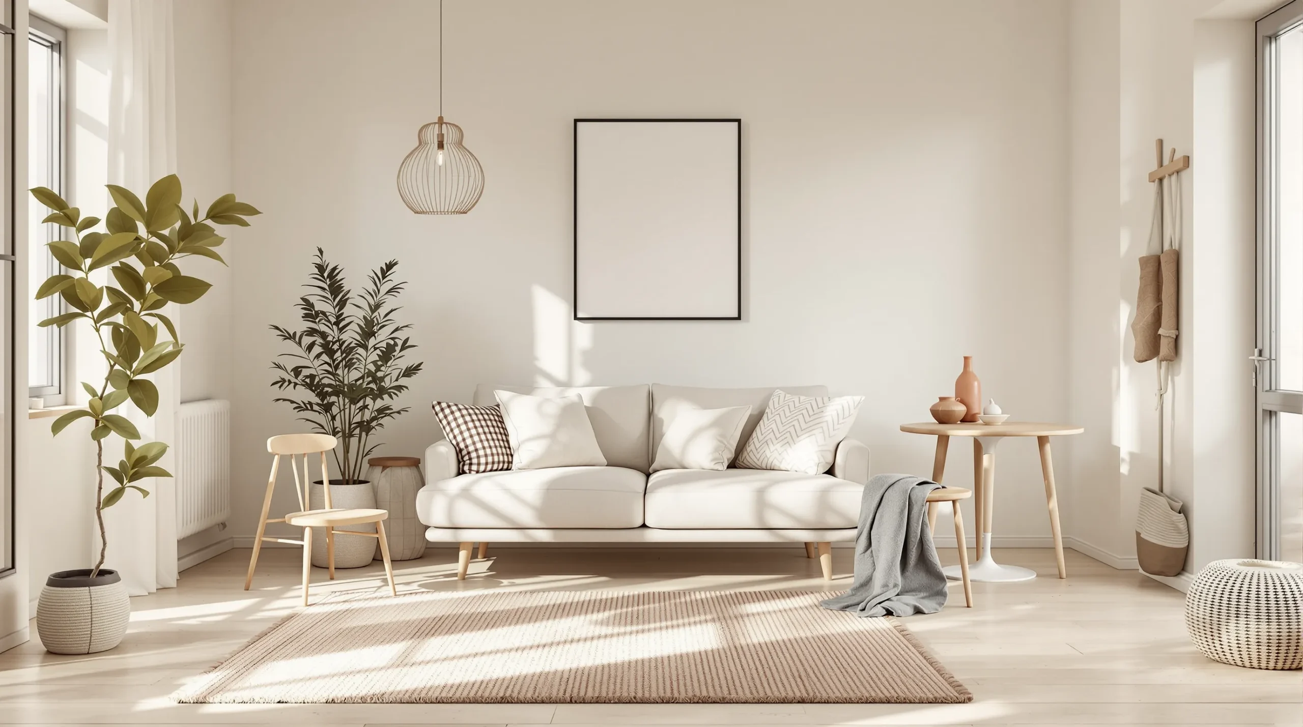 Small apartment living room combined with a round light oak dining table and two chairs.