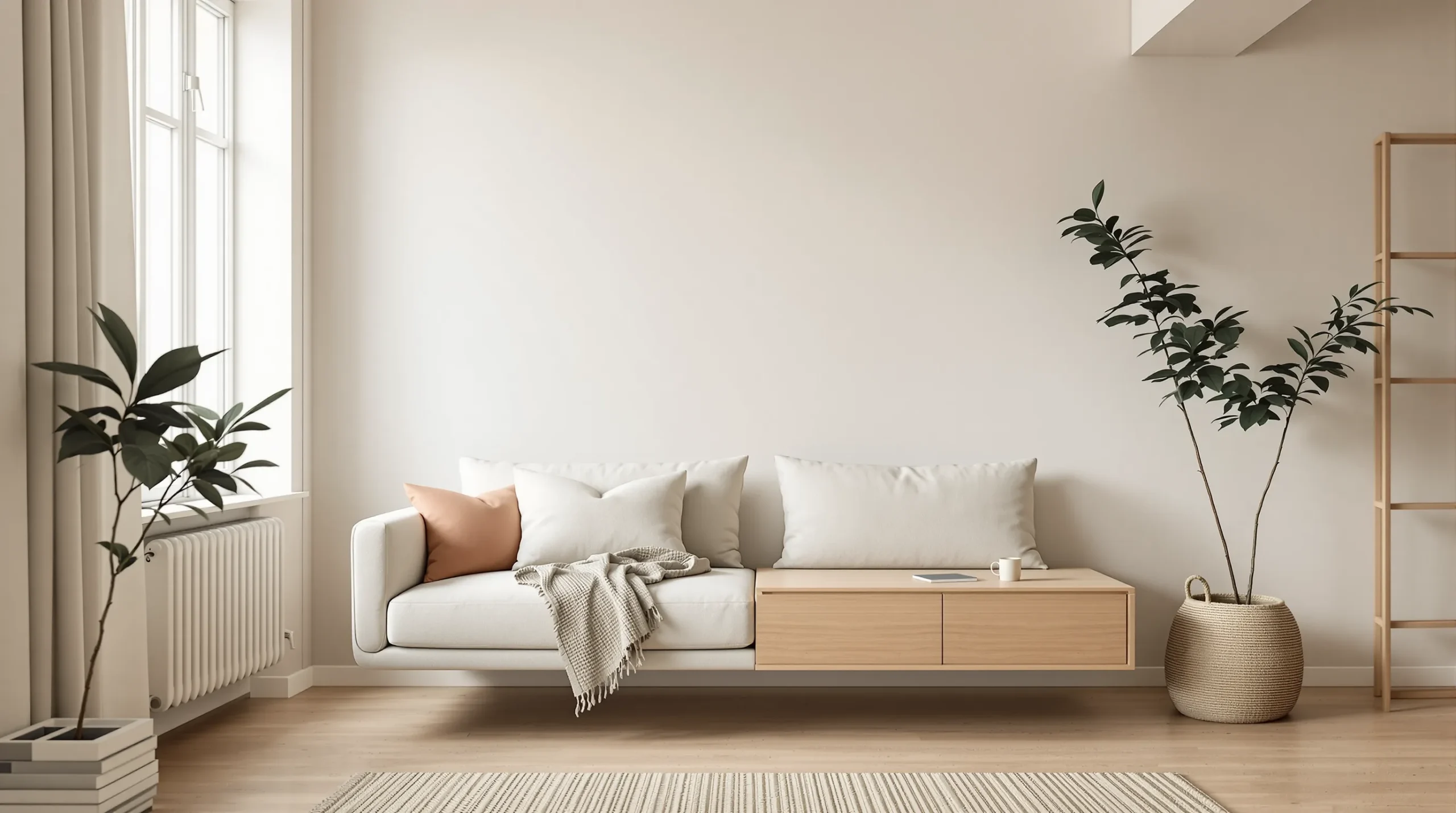 Light linen sofa floated beside a slim oak console to zone a small open-plan apartment.
