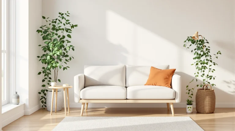 Warm minimalist small apartment living room with a linen sofa, light oak table, and neutral rug.
