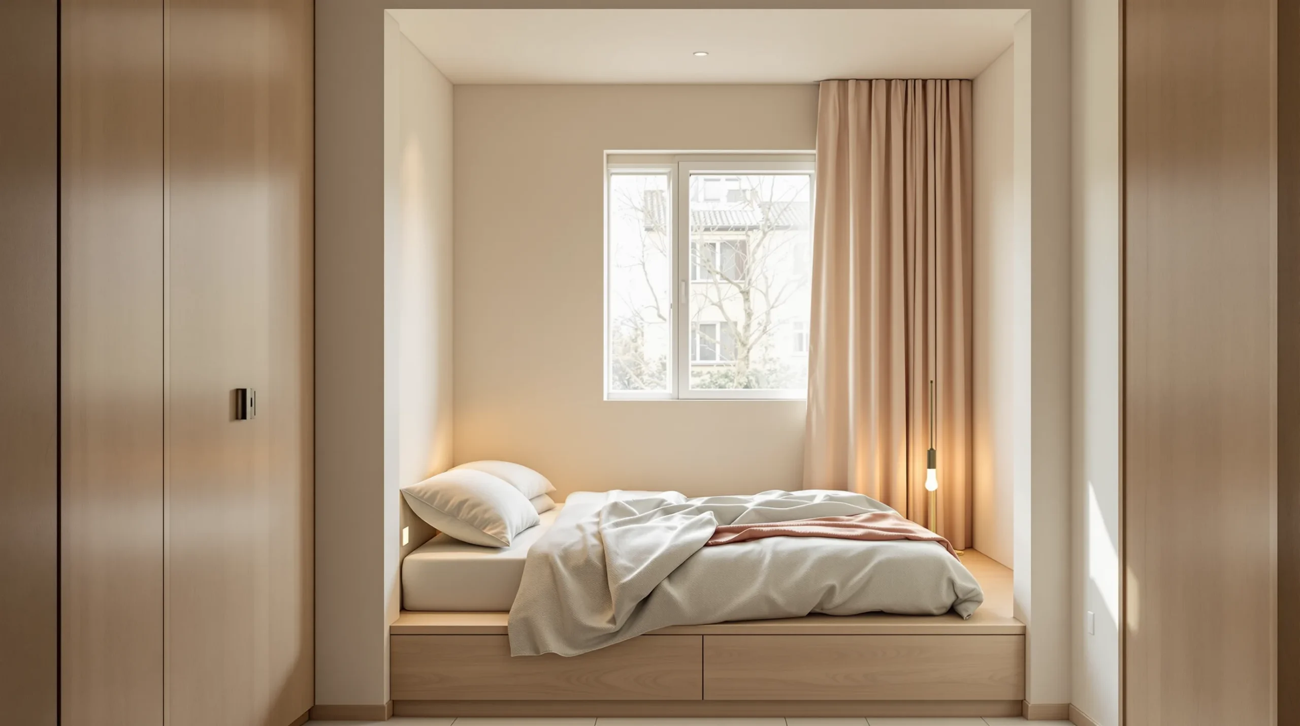 Low platform bed tucked into a studio alcove with warm bedside lighting for a private sleep zone.