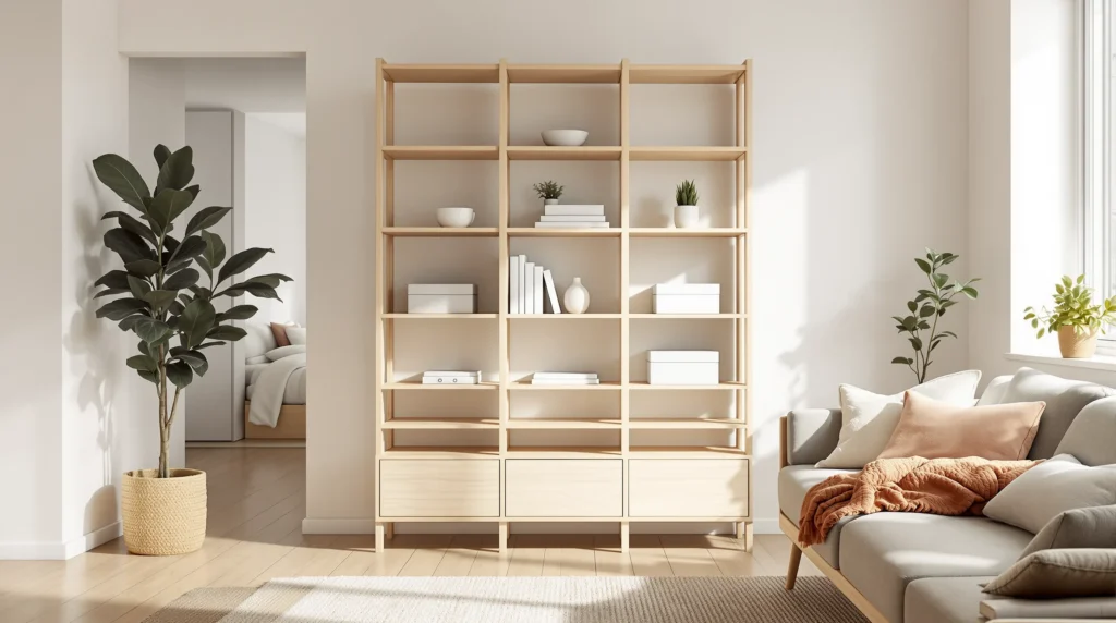 Warm-minimalist studio apartment with a curtained sleep zone and an oak-and-linen lounge area.