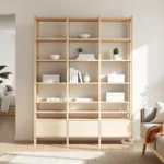 Warm-minimalist studio apartment with a curtained sleep zone and an oak-and-linen lounge area.