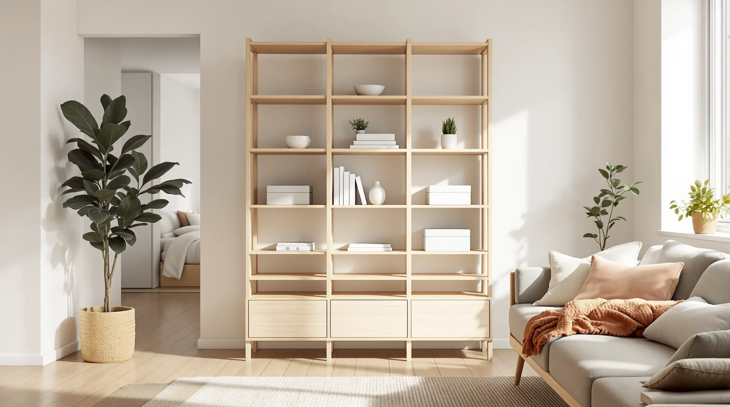 Warm-minimalist studio apartment with a curtained sleep zone and an oak-and-linen lounge area.