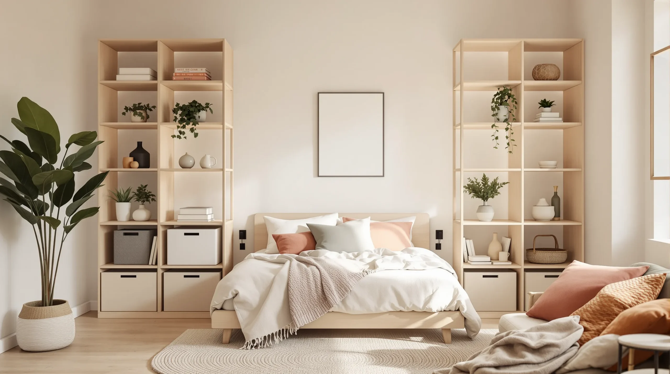 Open oak shelving unit used as a no-drill room divider between the bed and lounge in a studio apartment.