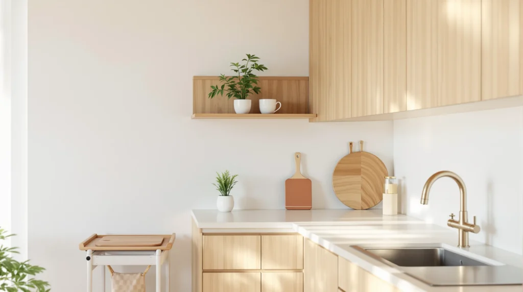 Warm-minimalist tiny apartment kitchen with light-wood cabinets, an open shelf, and a rolling cart.